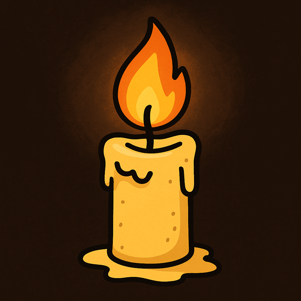 A cartoon-style illustration of a single lit candle glowing warmly in a dark background.