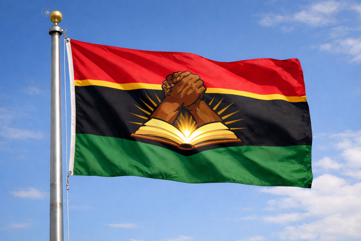 Black History–themed flag with red, yellow, black, and green stripes waves on a flagpole against a blue sky, featuring clasped hands above a glowing open book in the center.