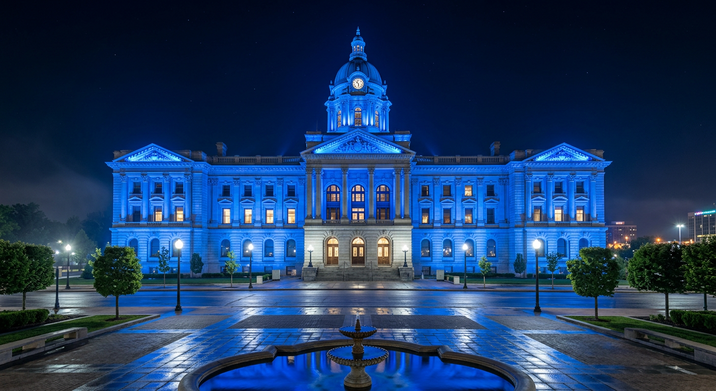 Historic courthouse building illuminated in blue light at night with a fountain in front